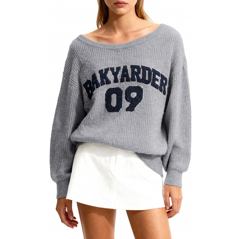 Bakyarder Grey Knit Sweater Oversized Off Shoulder Retro Varsity Pullover Medium